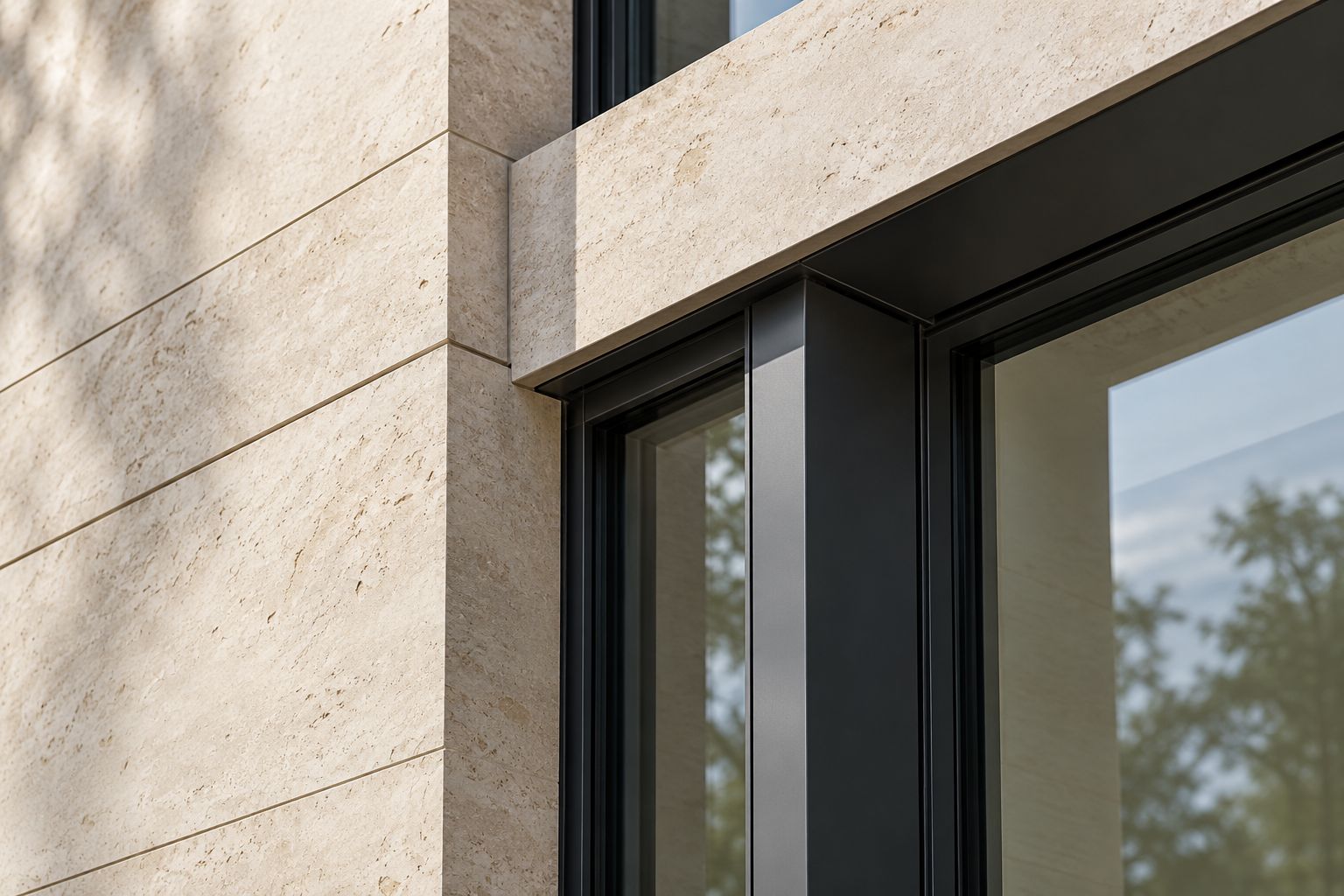 Architectural detail of pale limestone meeting charcoal window frames