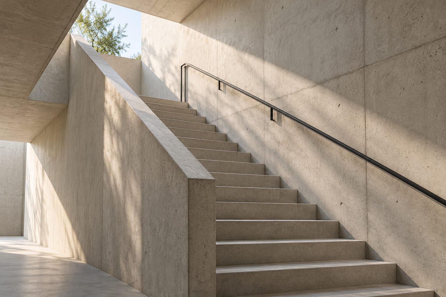 Architectural study of a pale concrete staircase with a slim metal handrail